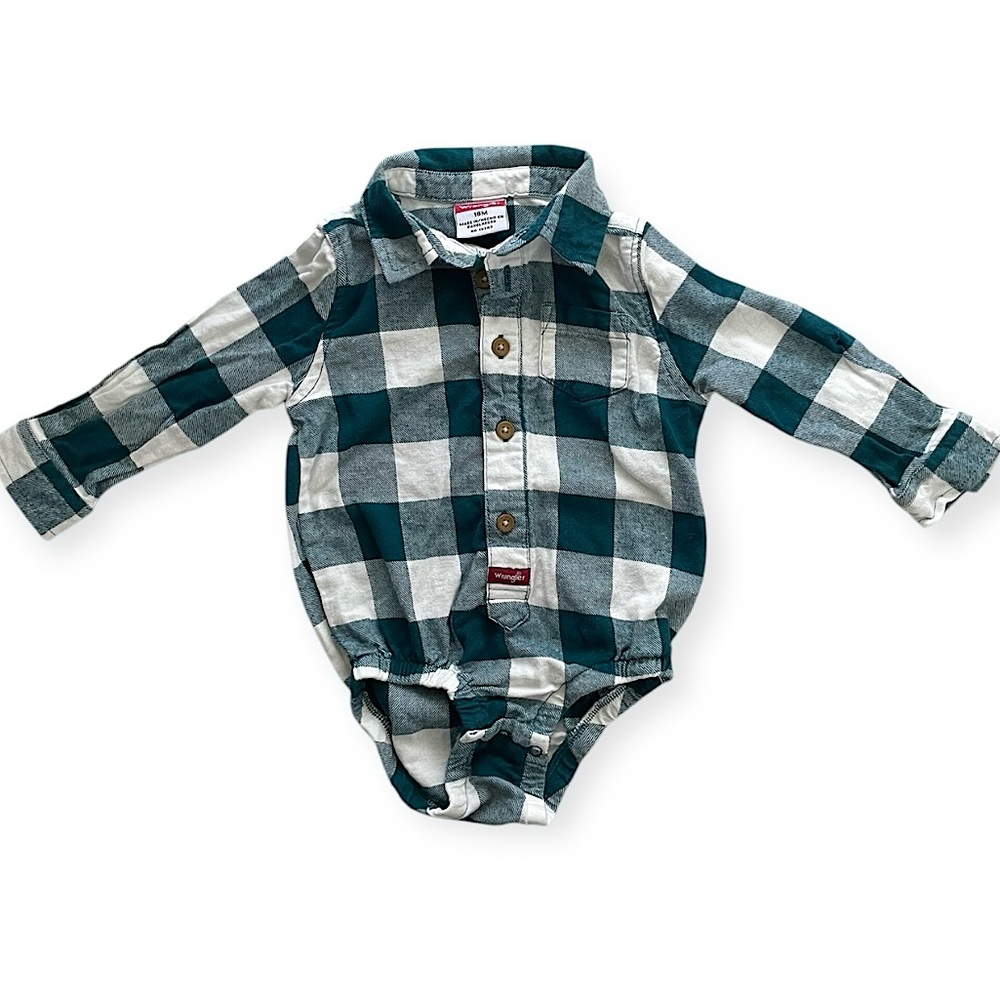 Wrangler infant baby boy button up long sleeve plaid flannel shirt size 18M